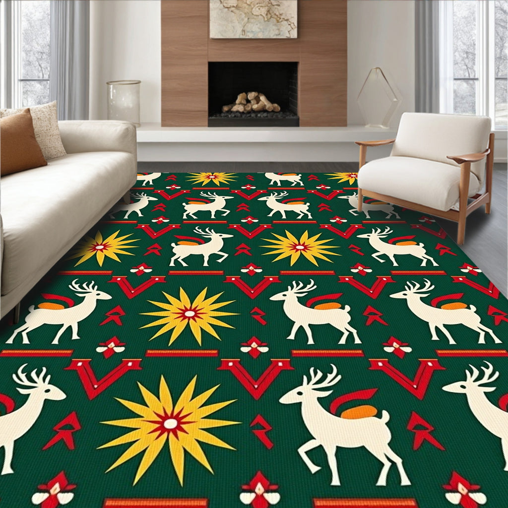 Green White Red Yellow Deer Sun Motif Rug