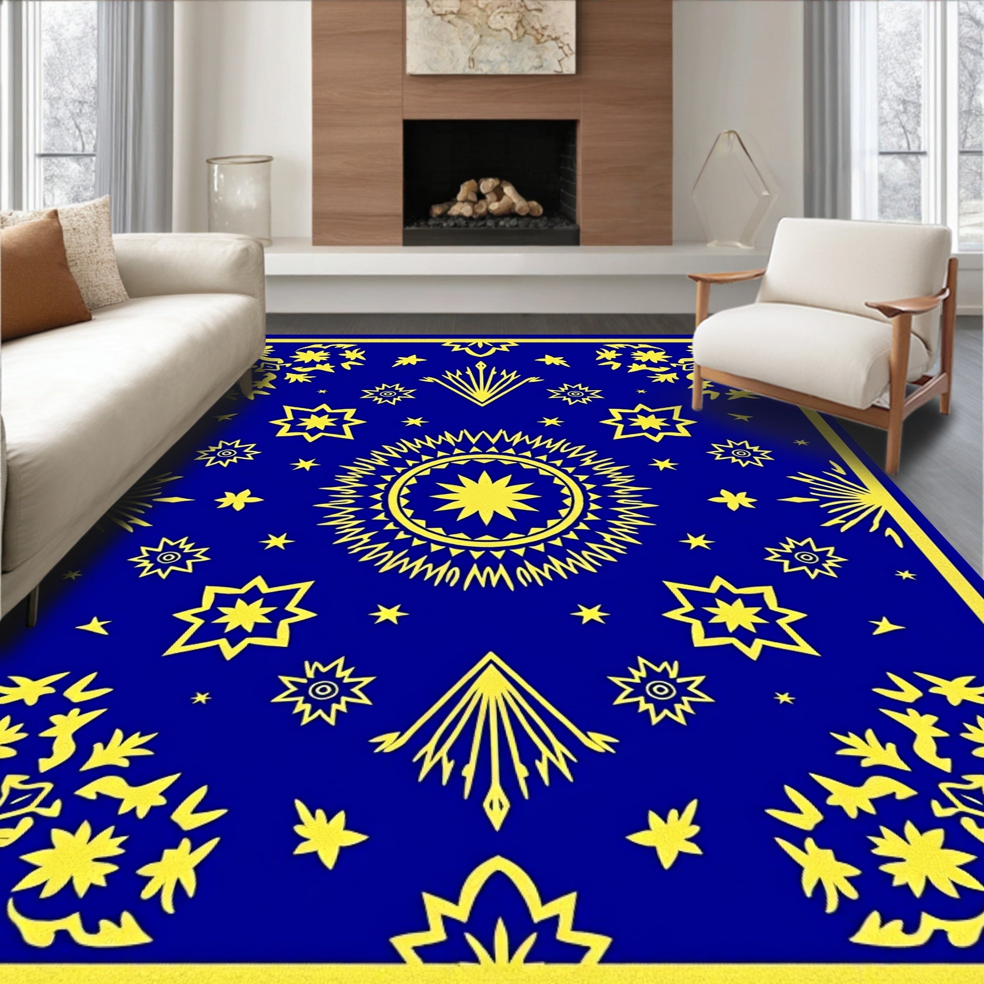Royal Blue Yellow Starburst Medallion Rug