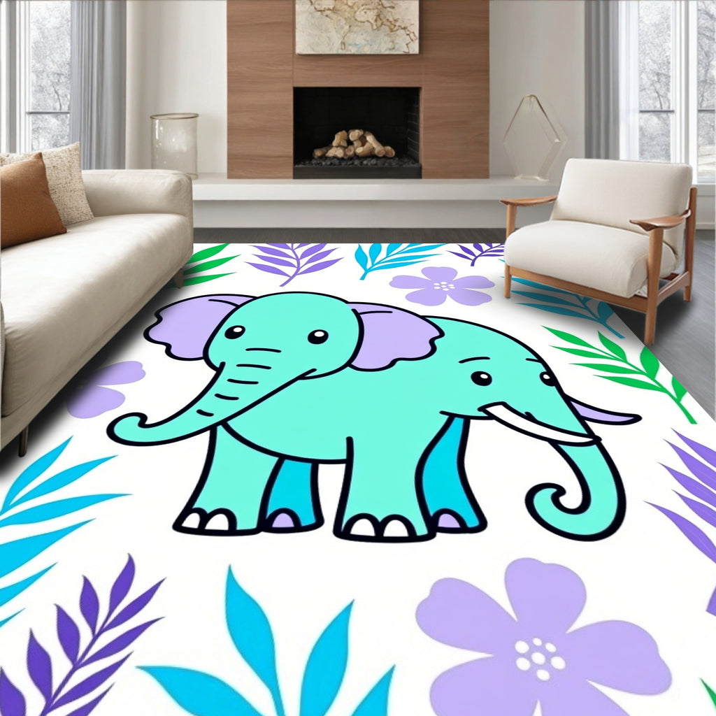 Aqua Elephant Among Purple Green Leaves Rug