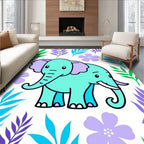 Aqua Elephant Among Purple Green Leaves Rug
