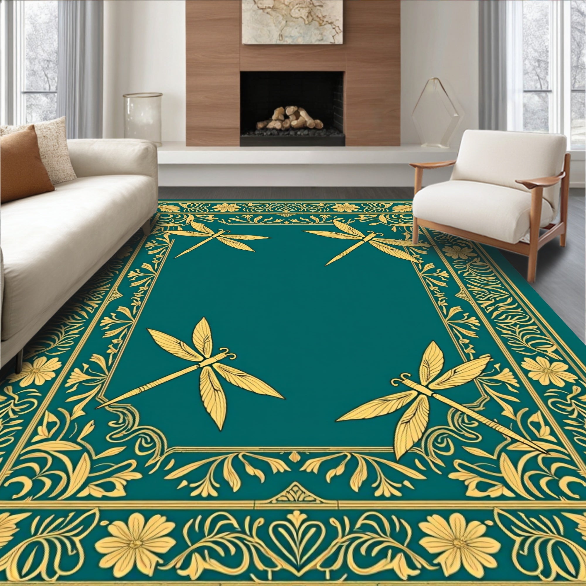 Golden Dragonfly Teal Border Rug
