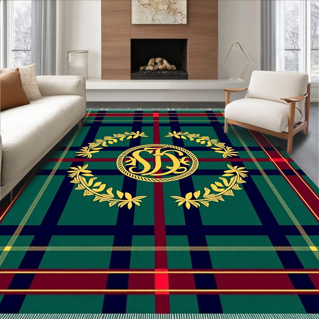 Green Red Navy Plaid Laurel Monogram Rug