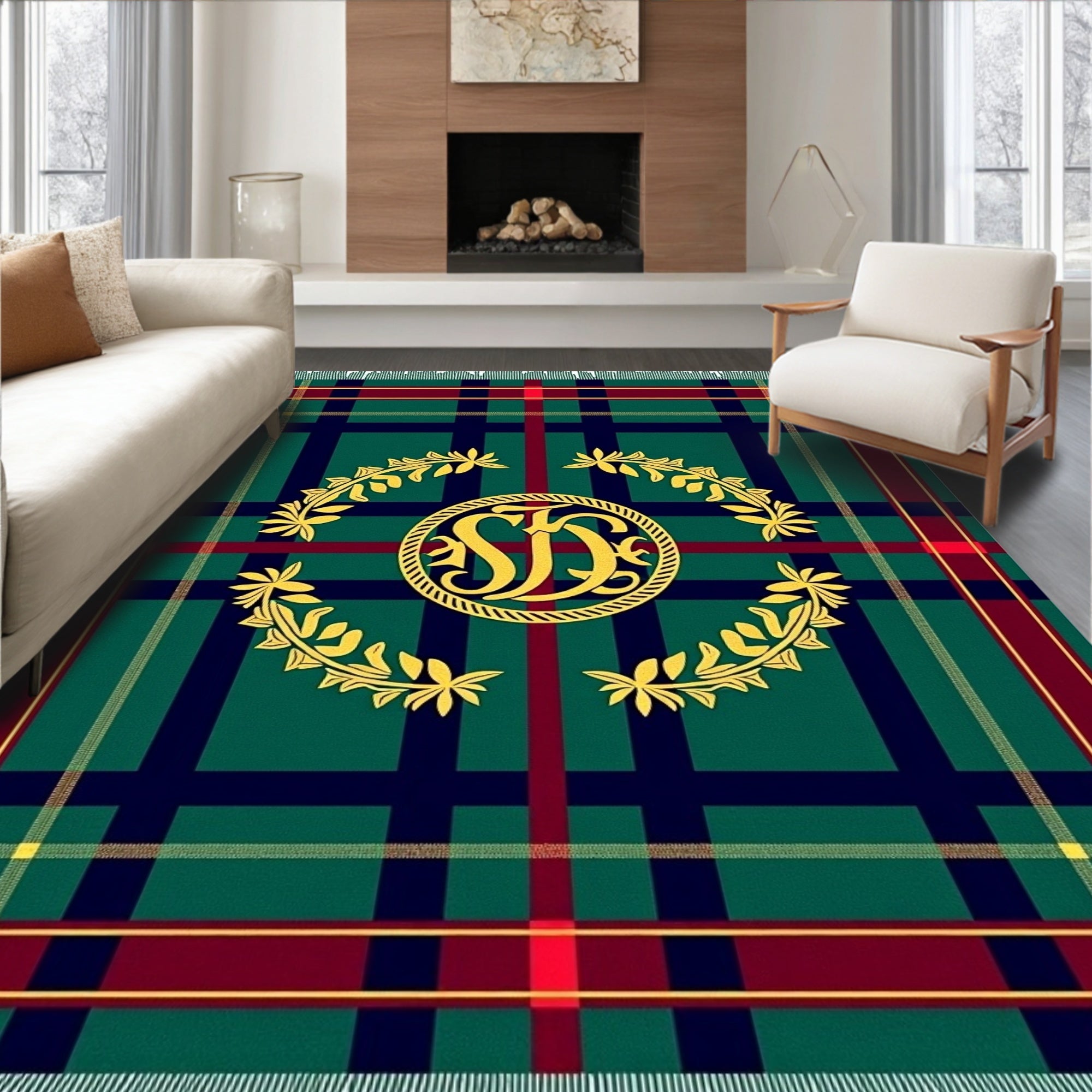 Green Red Navy Plaid Laurel Monogram Rug