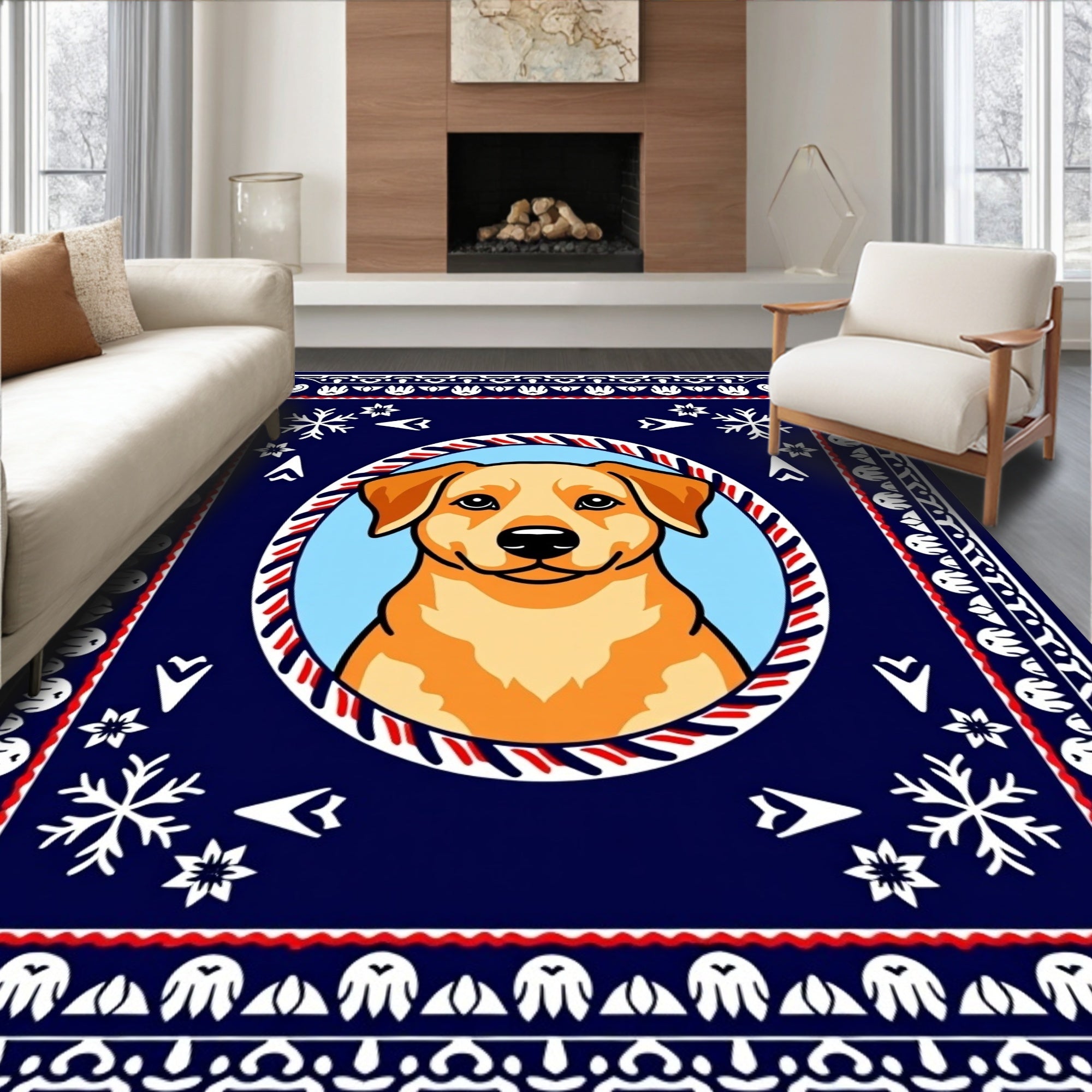 Golden Retriever Blue Snowflake Frame Rug