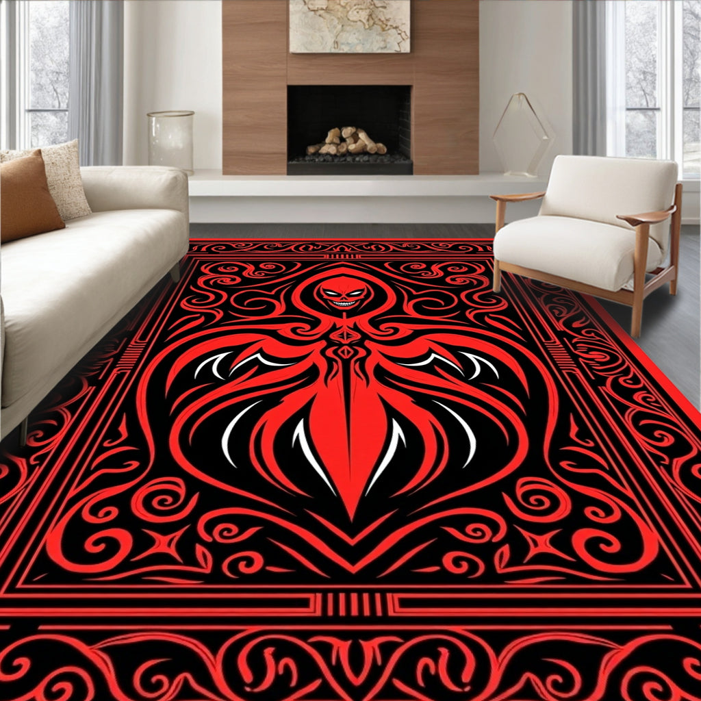 Crimson Red Skull Tribal Scrollwork Art Rug