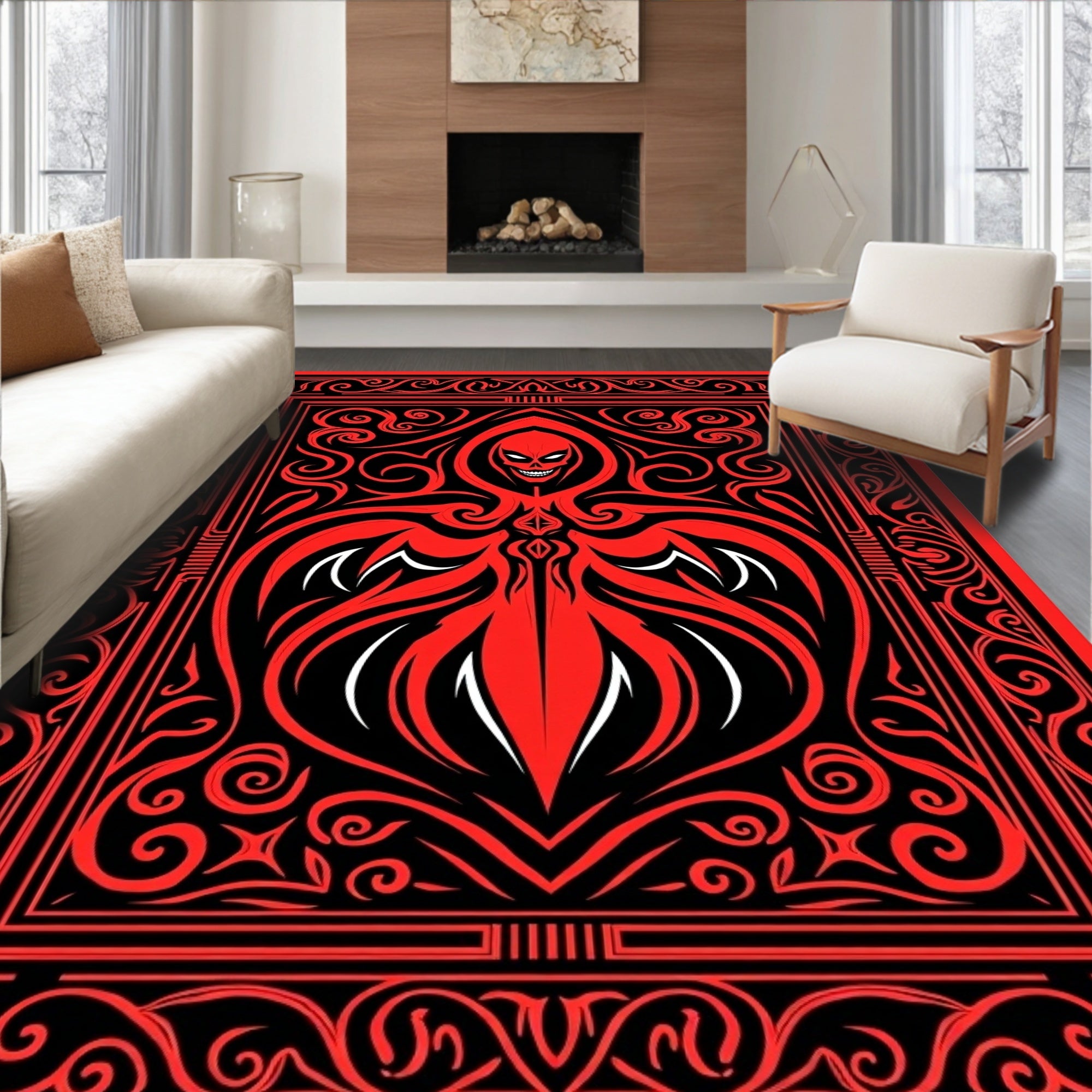 Crimson Red Skull Tribal Scrollwork Art Rug