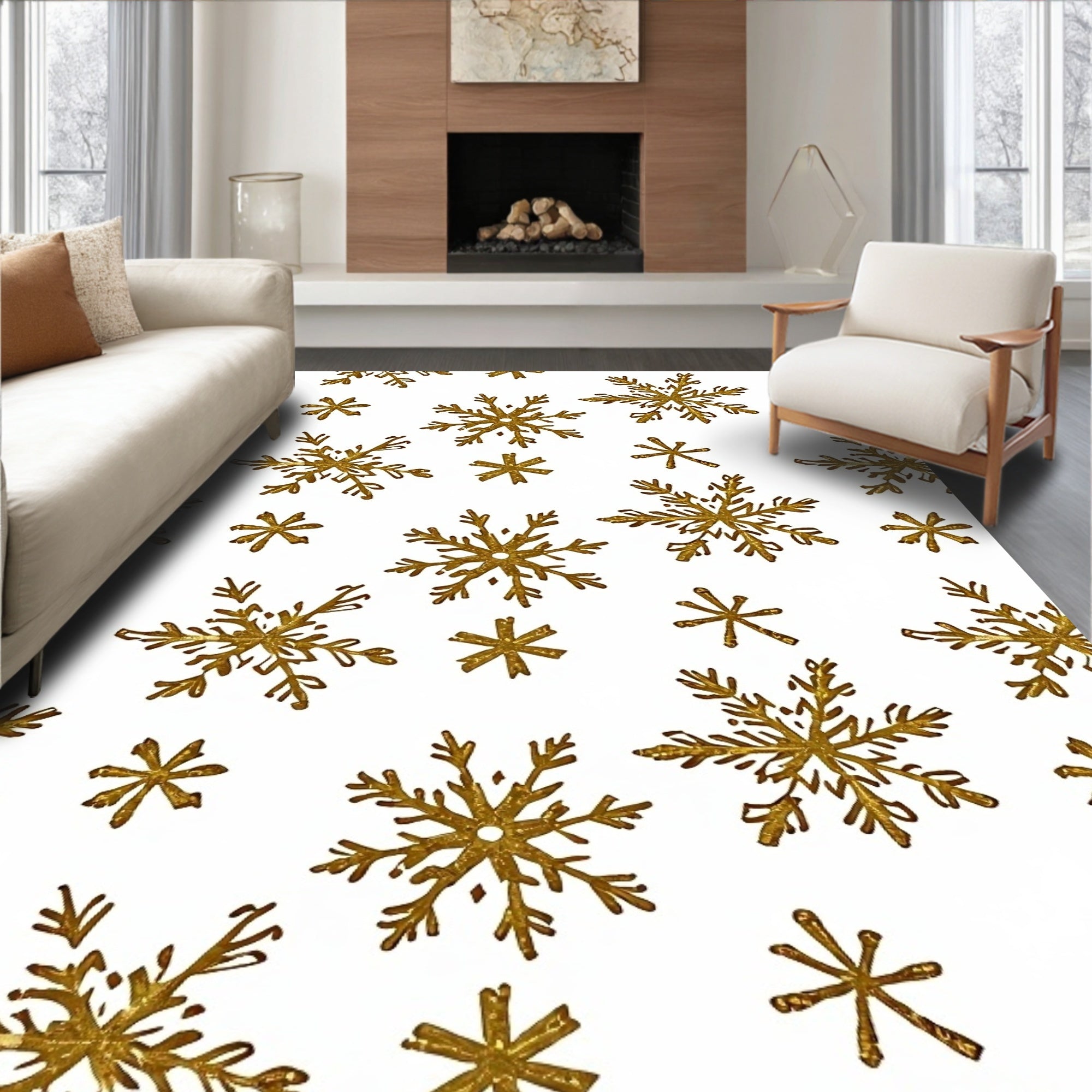 Golden Snowflake Glitter Whimsical Snowfall Rug