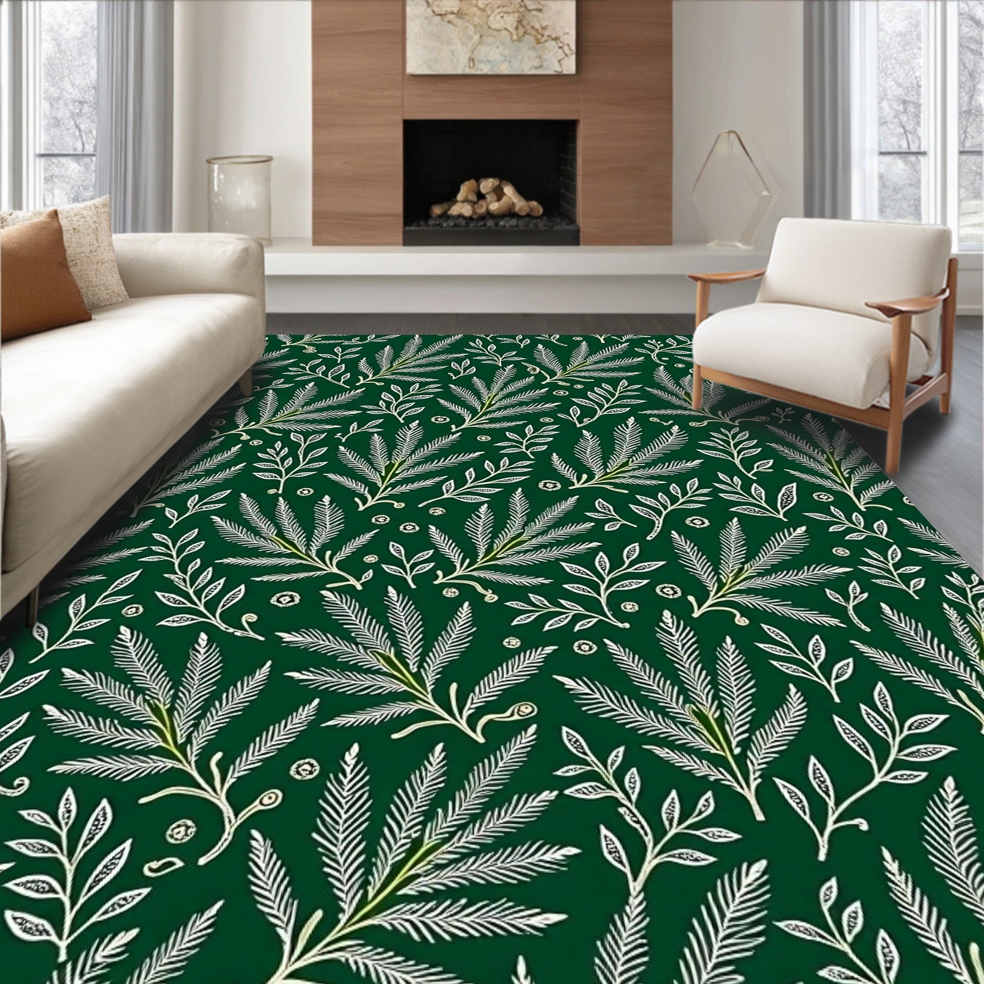 Dark Green White Leafy Branches Repeating Rug