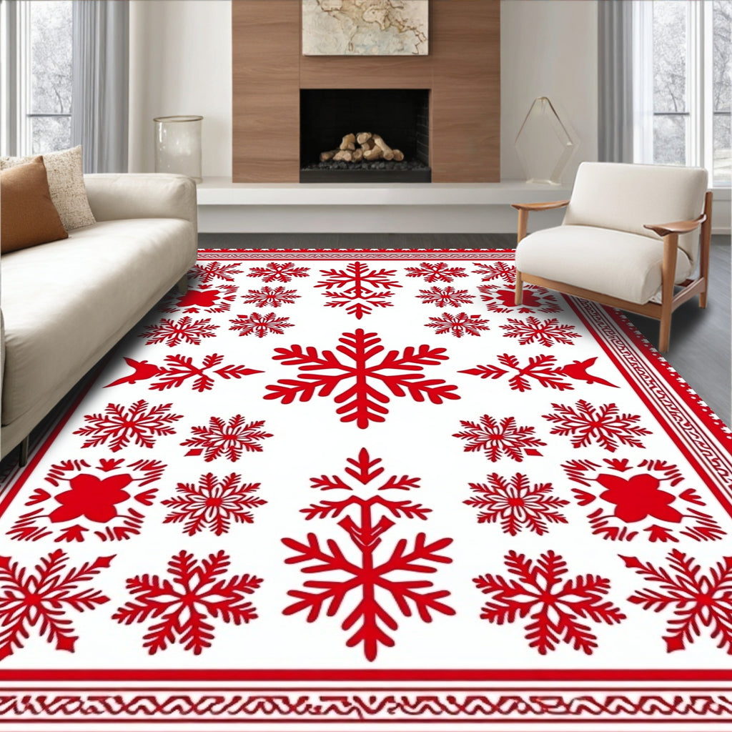 Red Snowflake Mandala Border Design Rug
