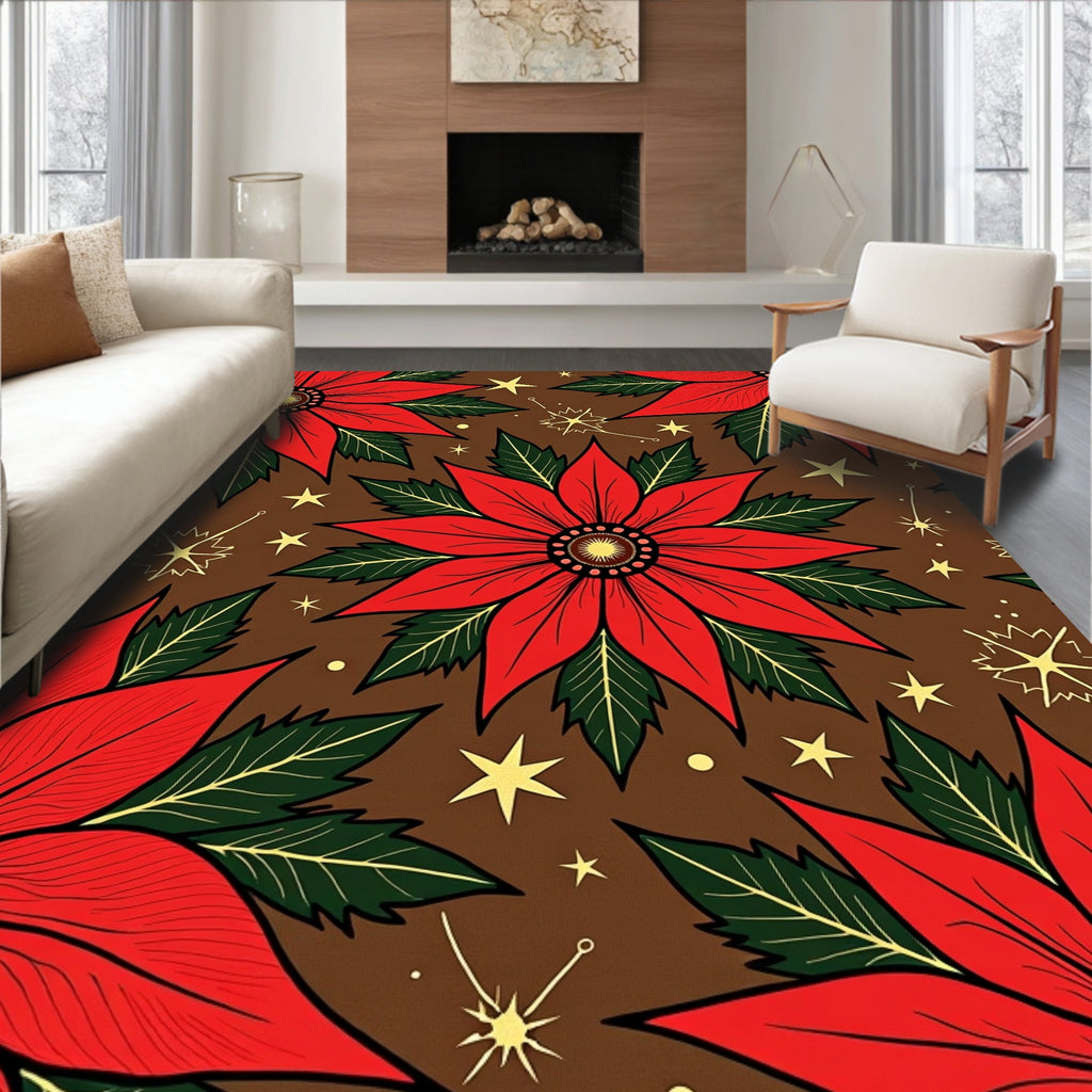Red Poinsettia Starry Brown Floral Rug