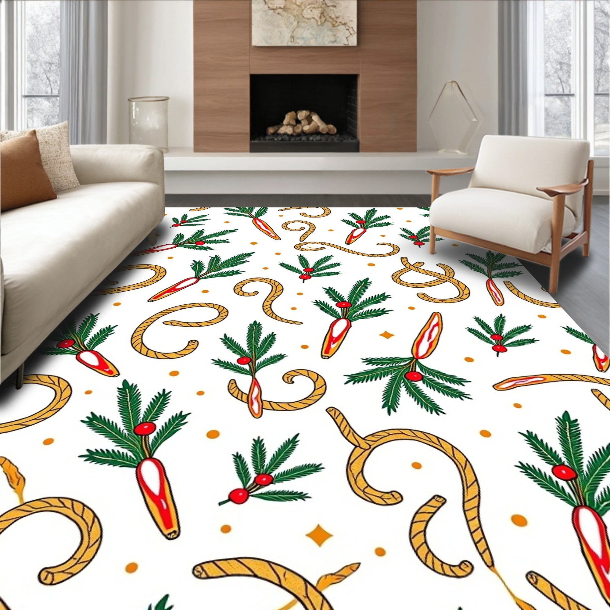 Red Candy Cane Evergreen Sprig Scatter Rug