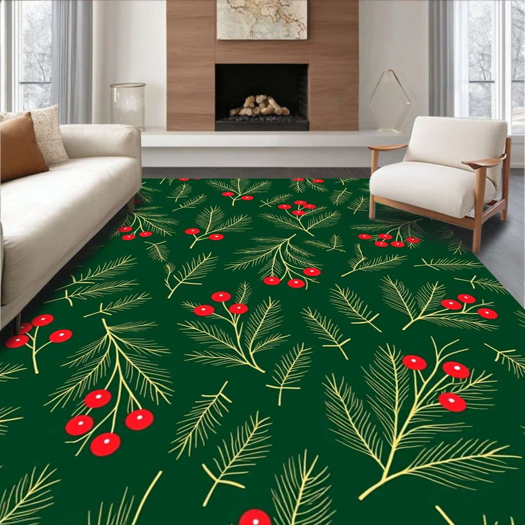 Festive Green Pine Berry Sprig Rug