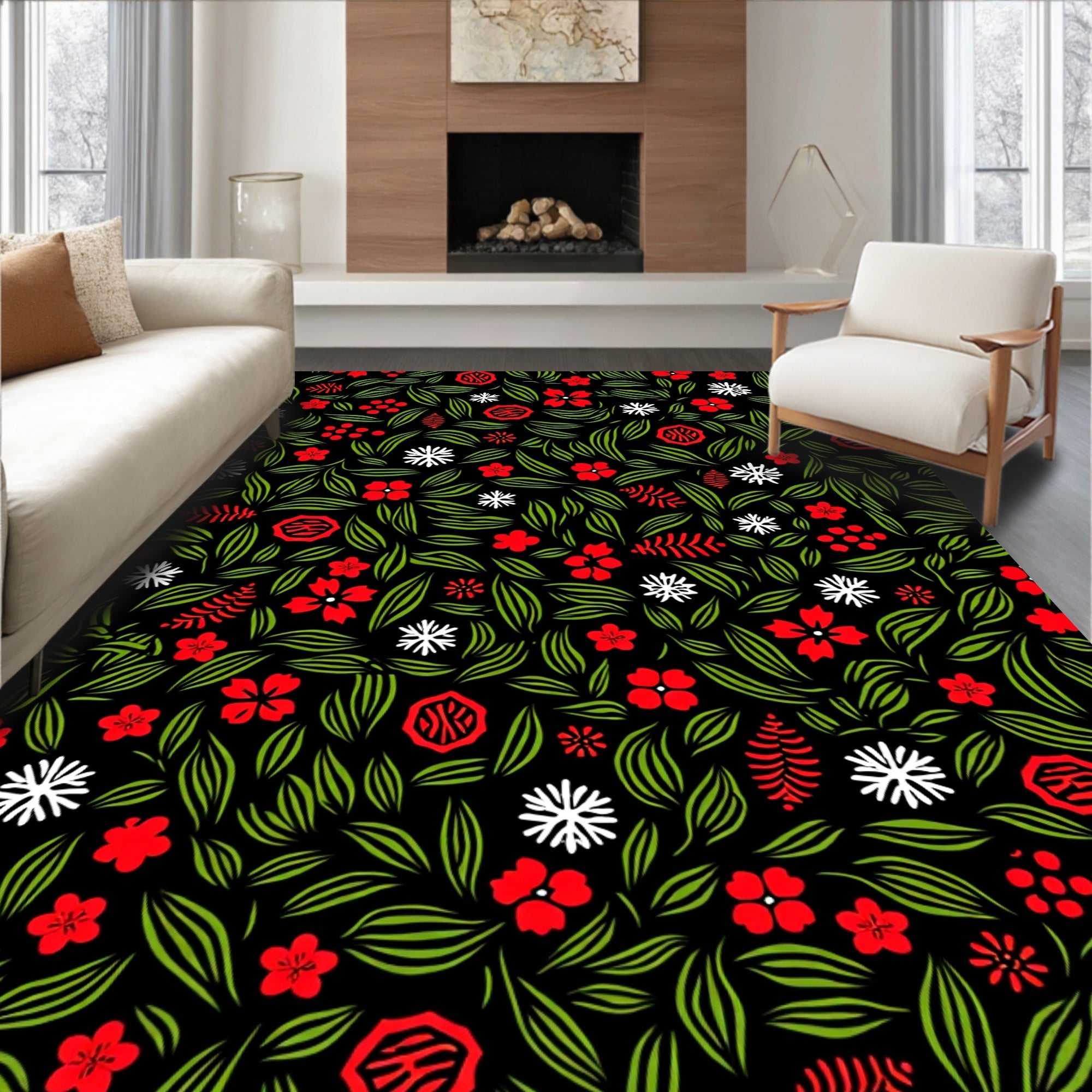 Red White Floral Foliage All Over Rug