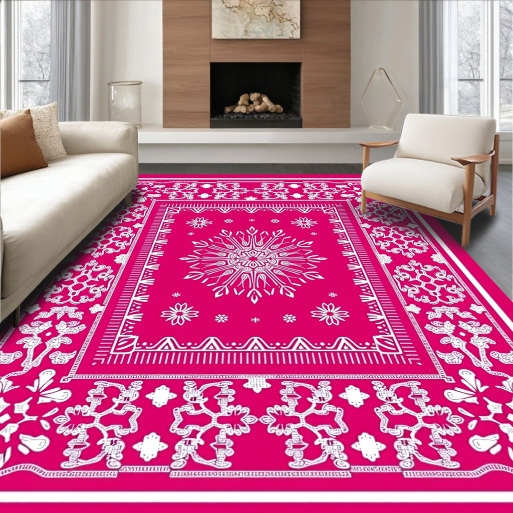 Vibrant Pink Medallion Floral Border Rug