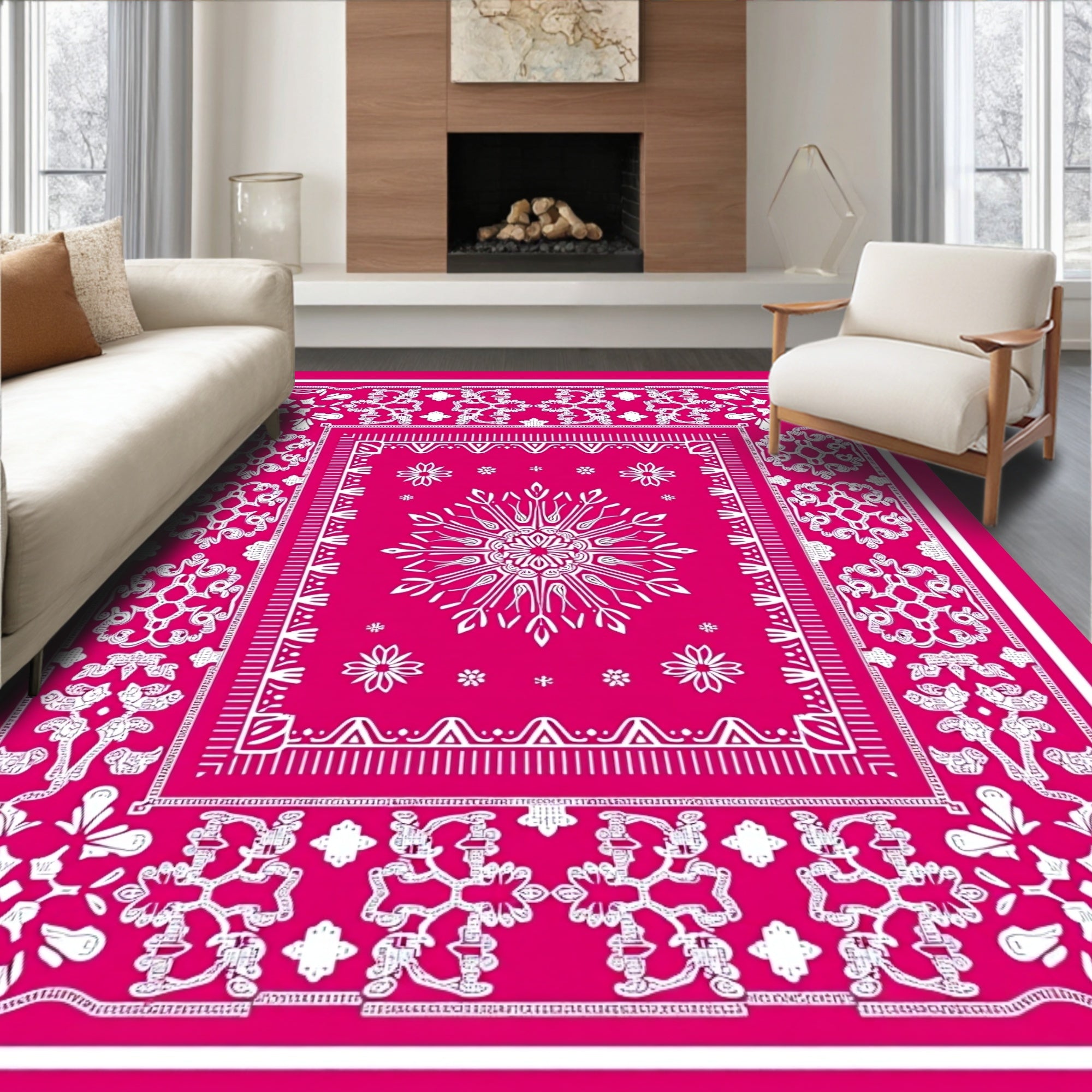 Vibrant Pink Medallion Floral Border Rug