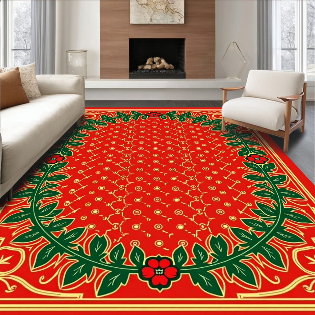 Crimson Red Floral Vine Border Rug