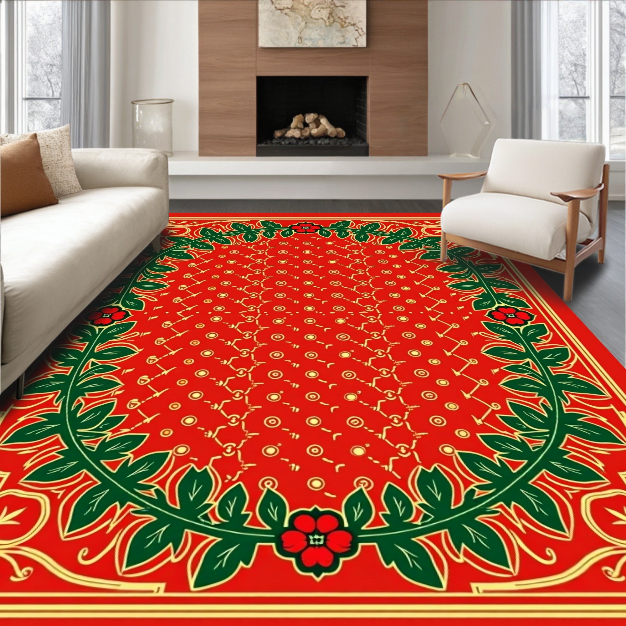 Crimson Red Floral Vine Border Rug