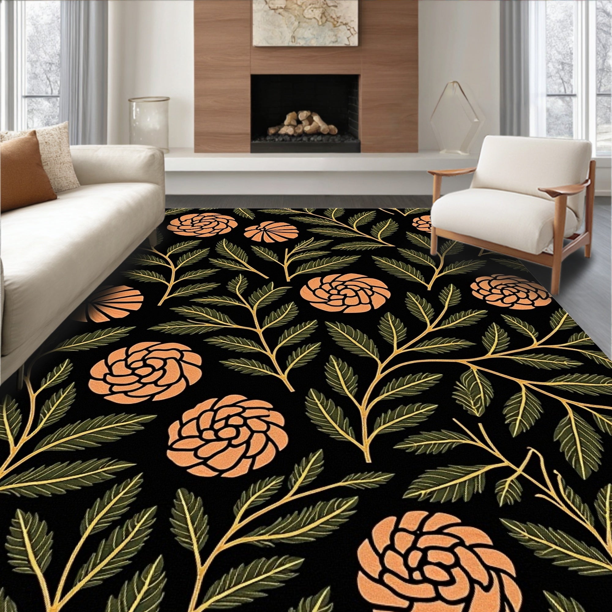 Terracotta Floral Foliage on Black Rug