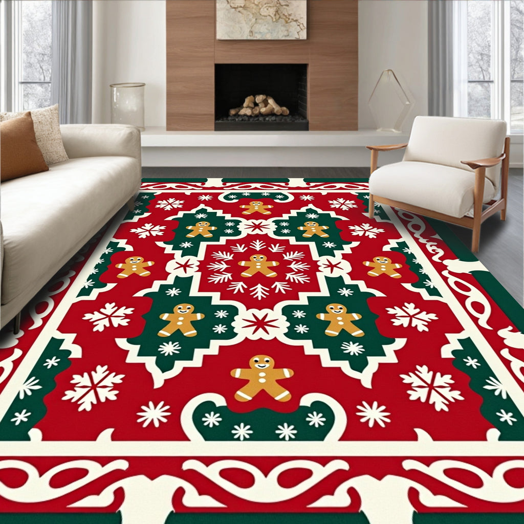 Holiday Gingerbread Snowflakes Red Green Rug