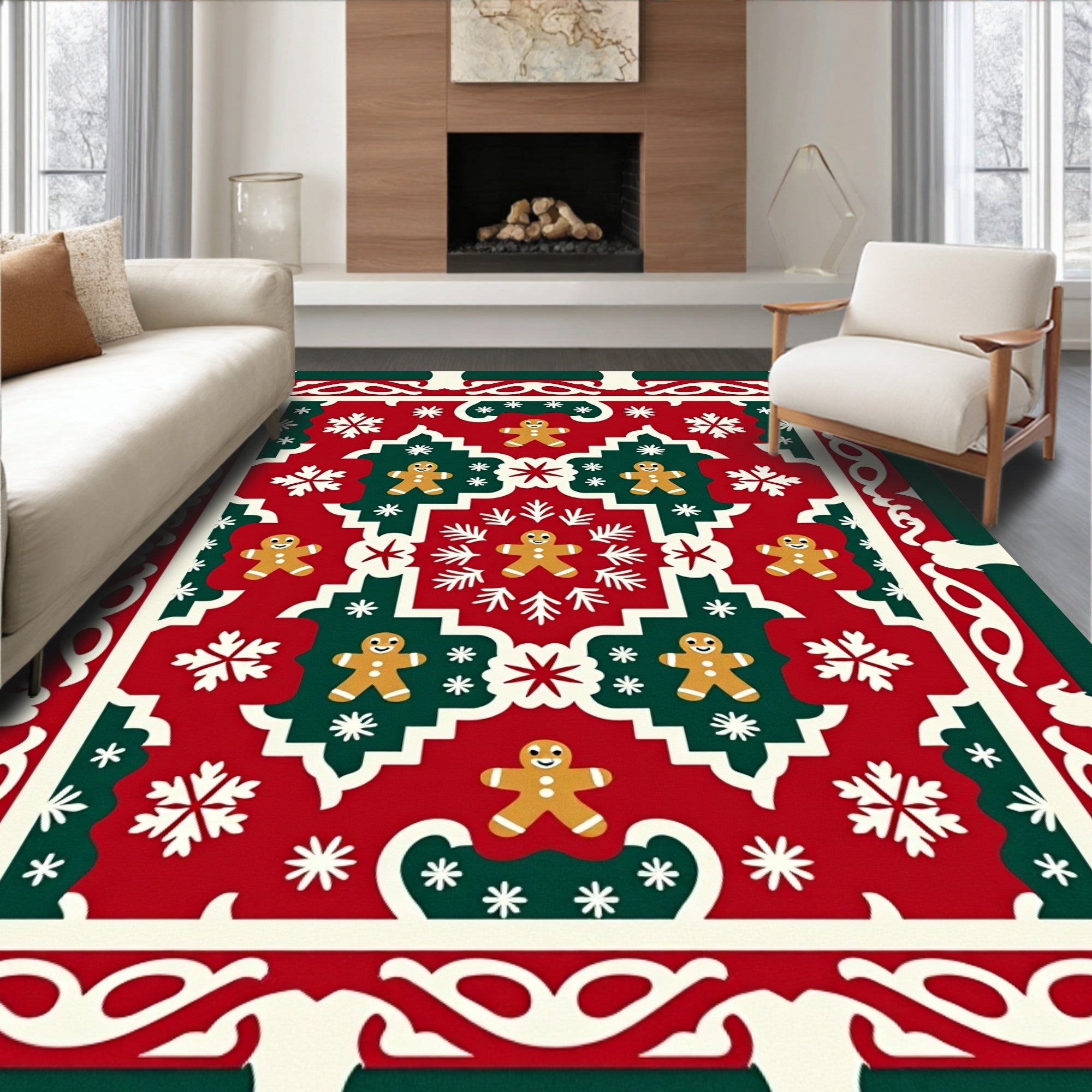 Holiday Gingerbread Snowflakes Red Green Rug