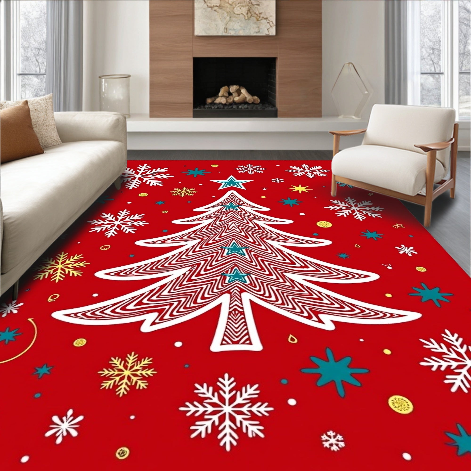 Red Christmas Tree Snowflakes Stars Rug