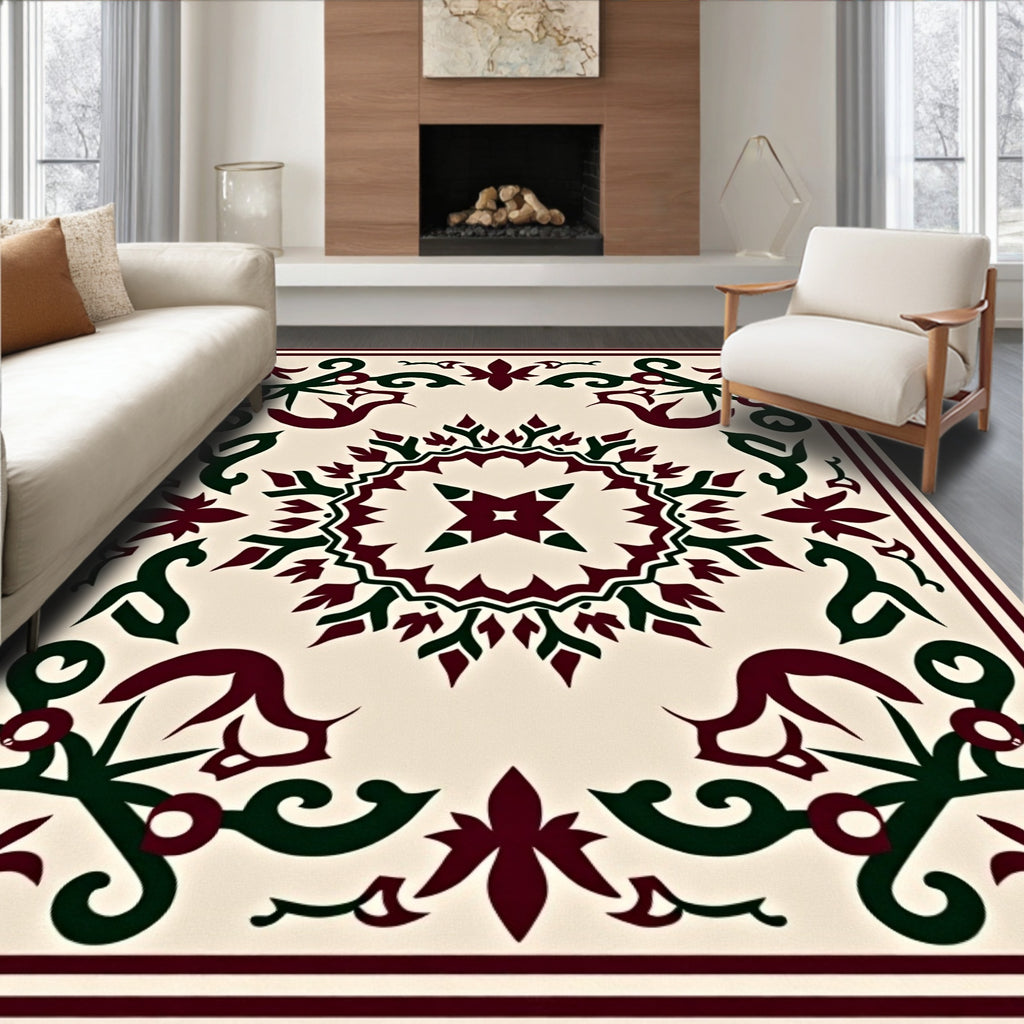 Deep Burgundy Emerald Scroll Medallion Rug