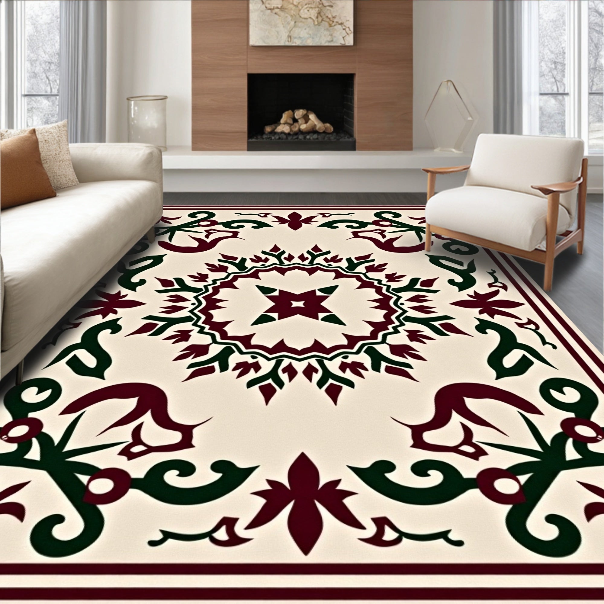 Deep Burgundy Emerald Scroll Medallion Rug