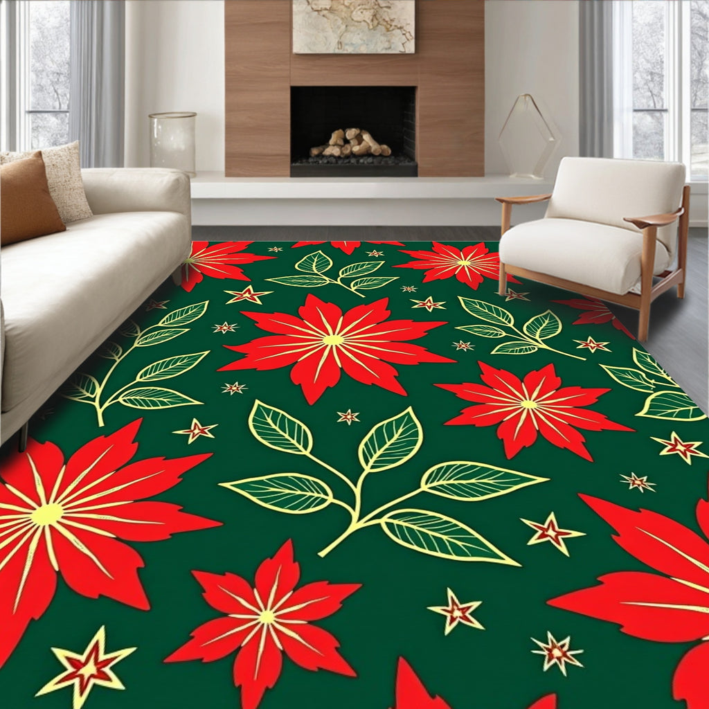 Festive Red Poinsettia Floral Vine Rug