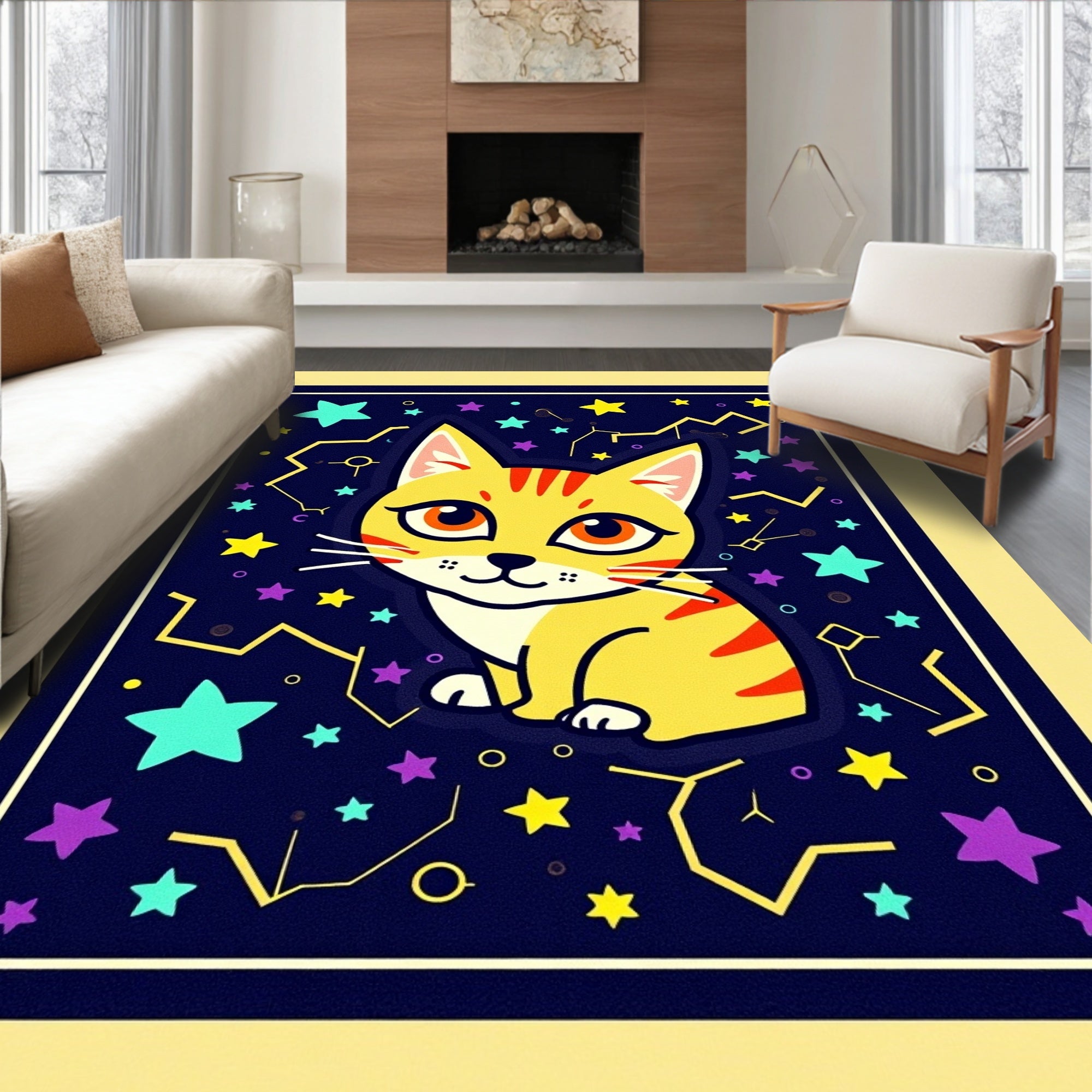 Whimsical Yellow Cat Starry Night Rug