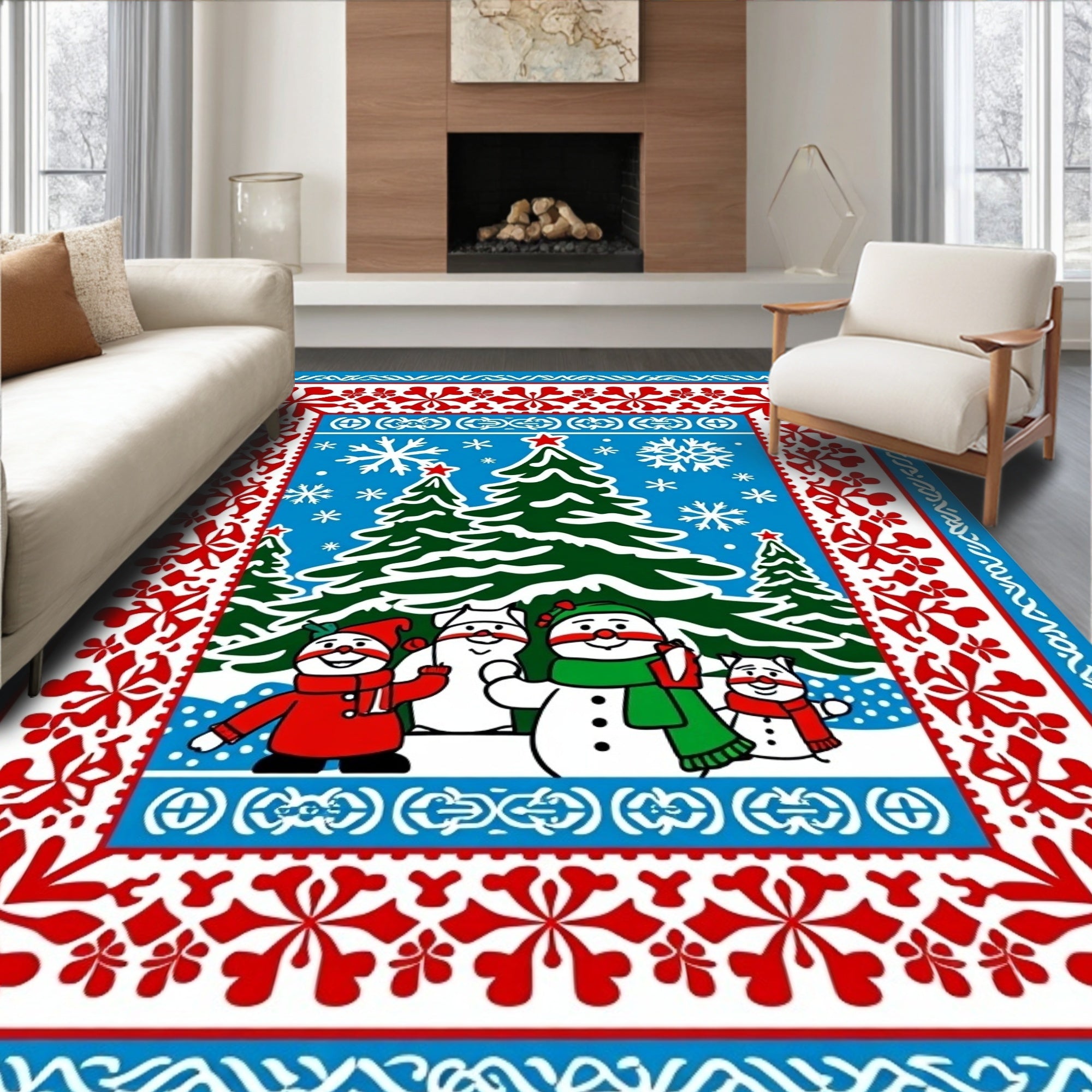 Festive Blue Red Snowman Christmas Trees Rug
