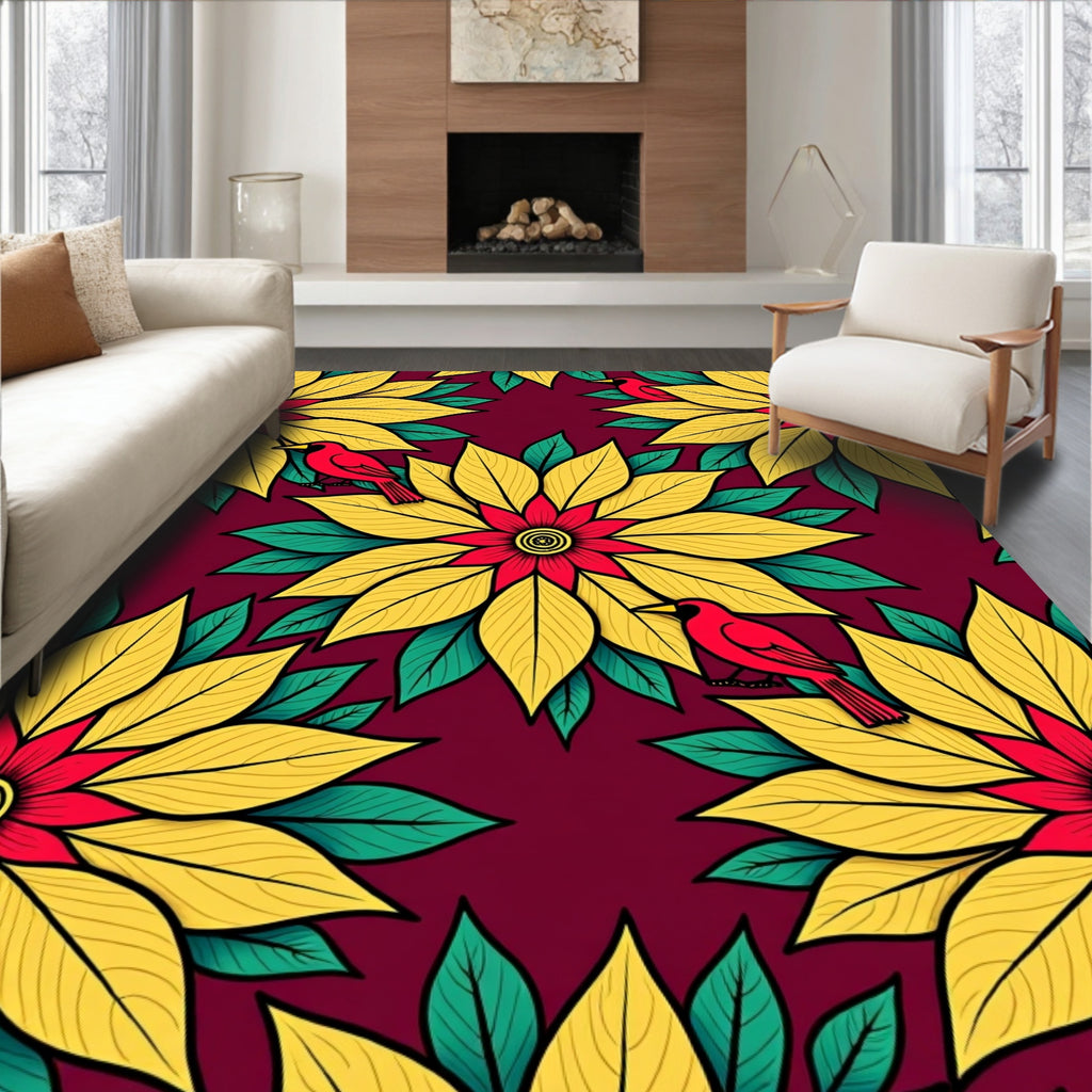 Vibrant Red Bird Yellow Floral Harmony Rug