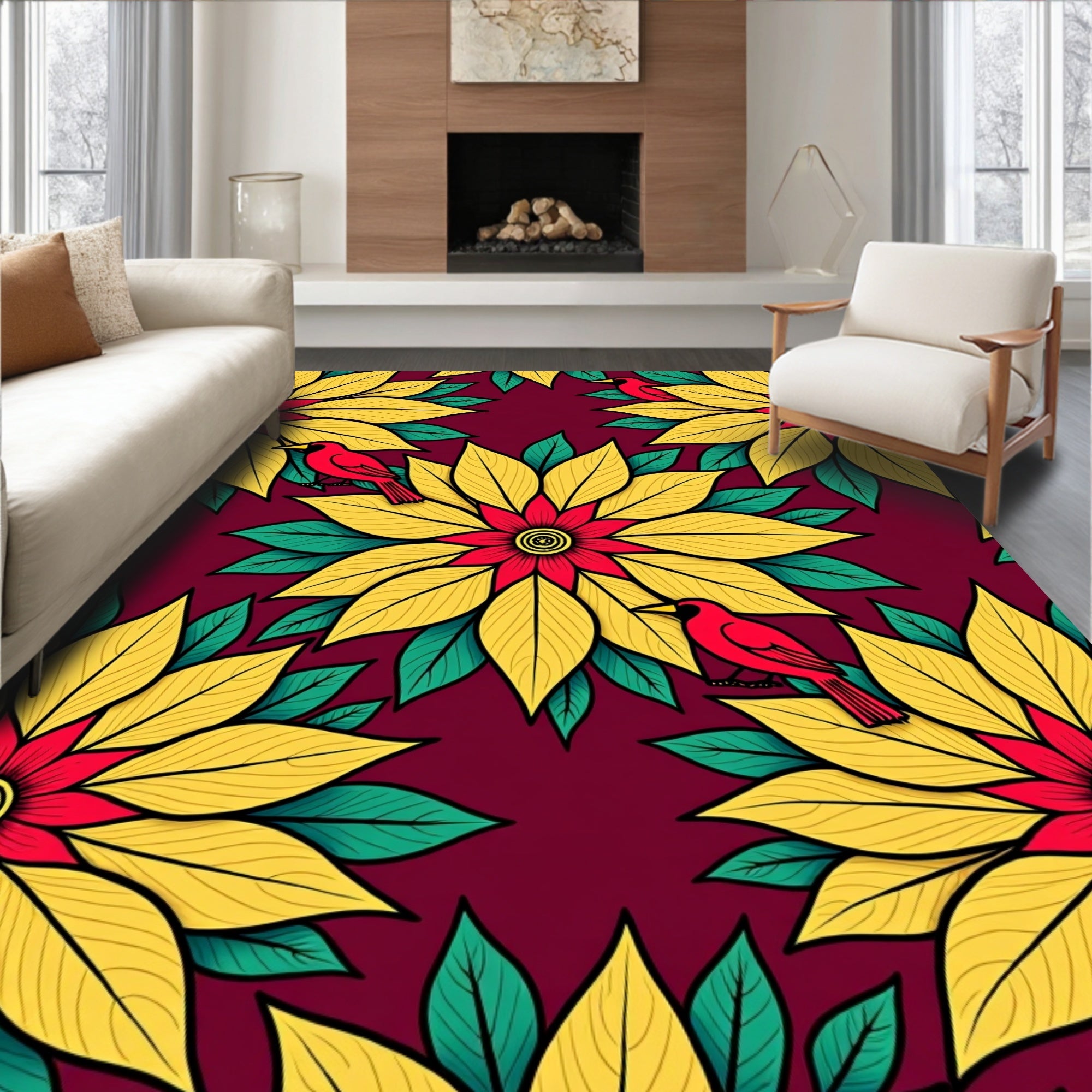 Vibrant Red Bird Yellow Floral Harmony Rug