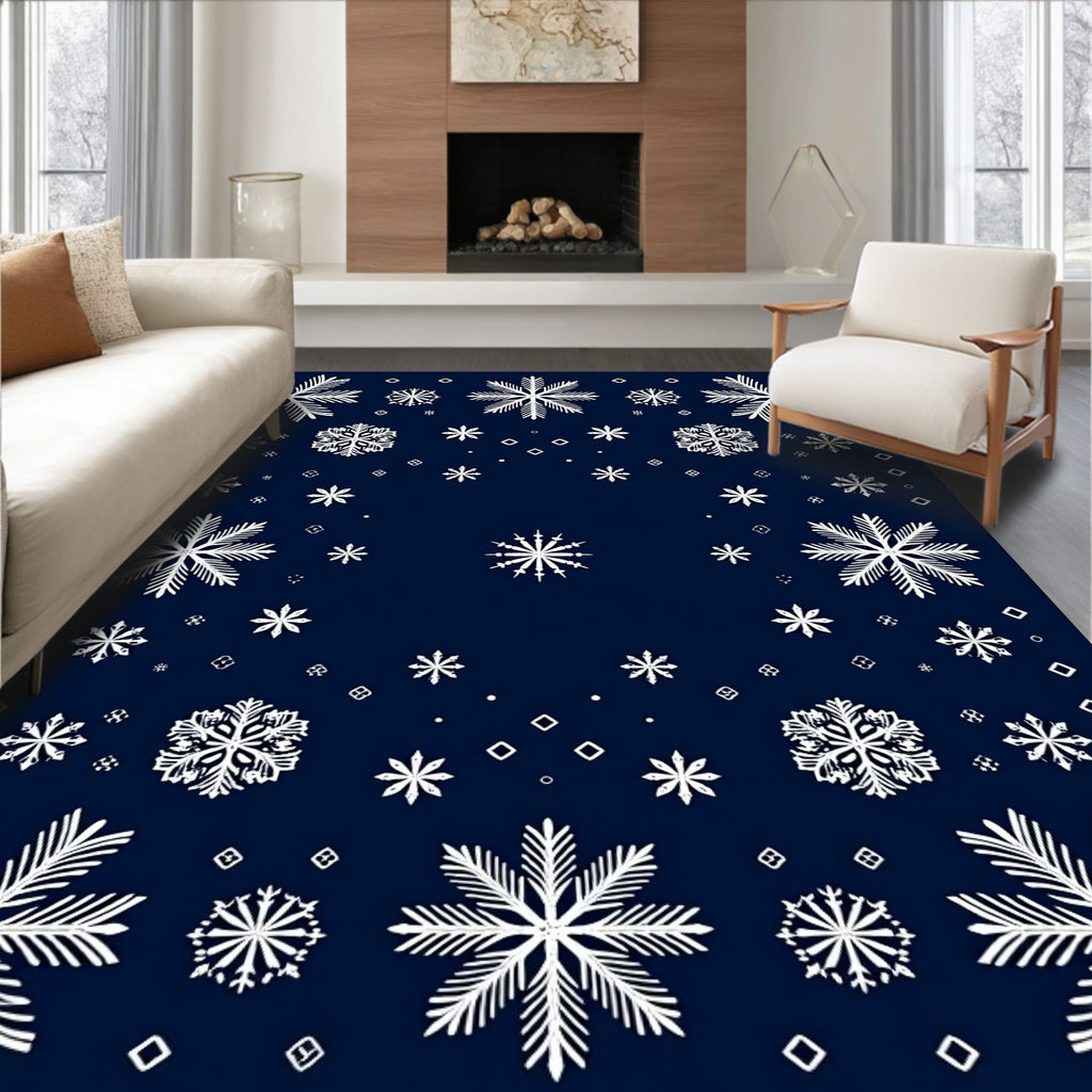 White Snowflakes On Navy Blue Rug