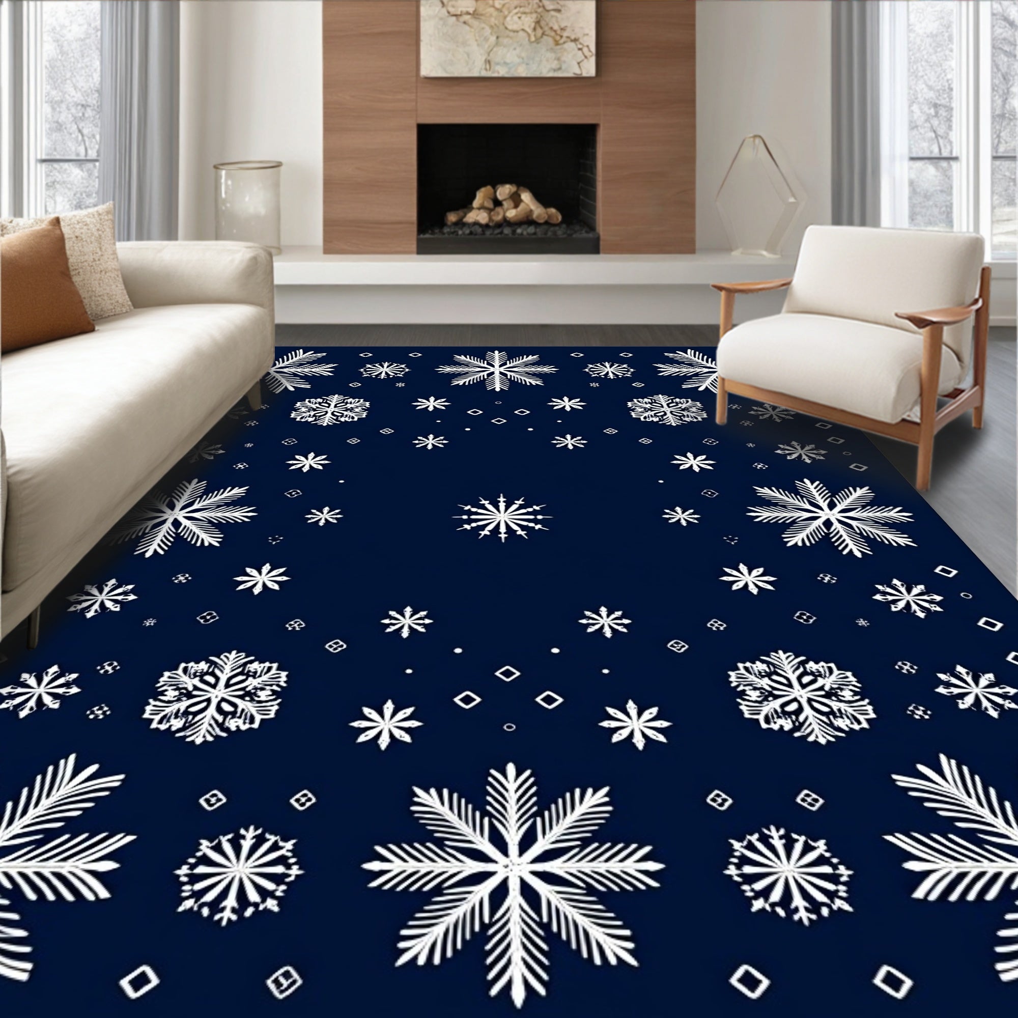 White Snowflakes On Navy Blue Rug