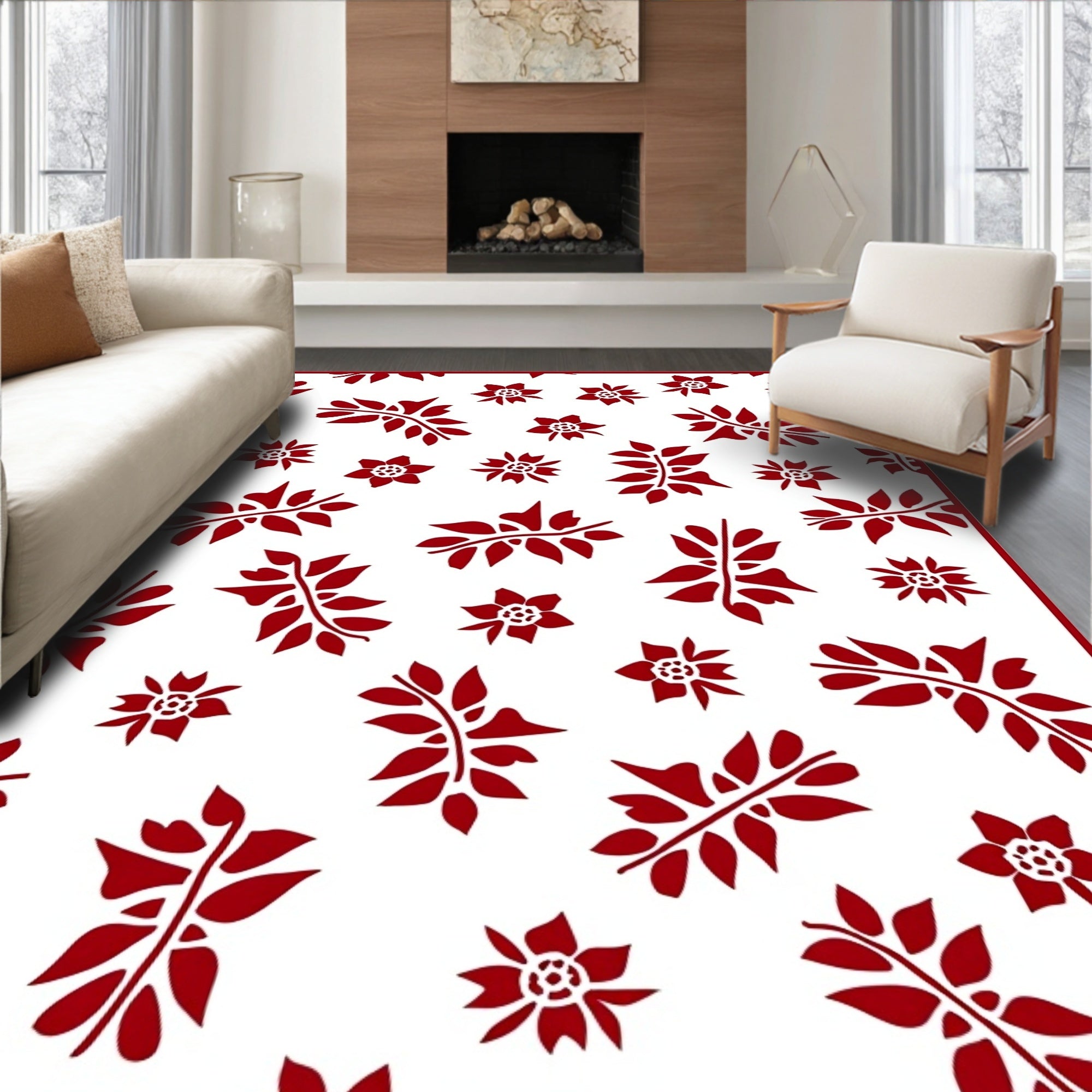 Red Floral Leaf Sprig Arrangement Rug