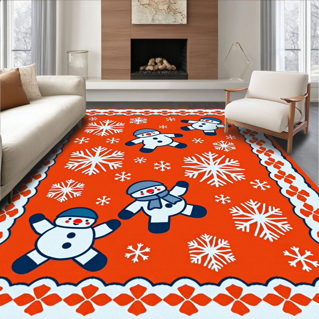 Orange Snowman Snowflake Christmas Border Rug