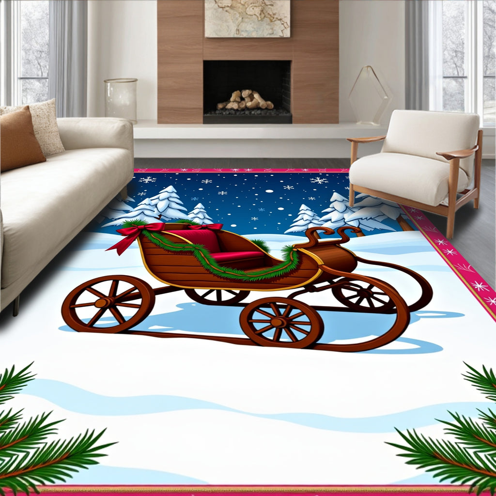 Rustic Sleigh Red Garland Snow Trees Rug