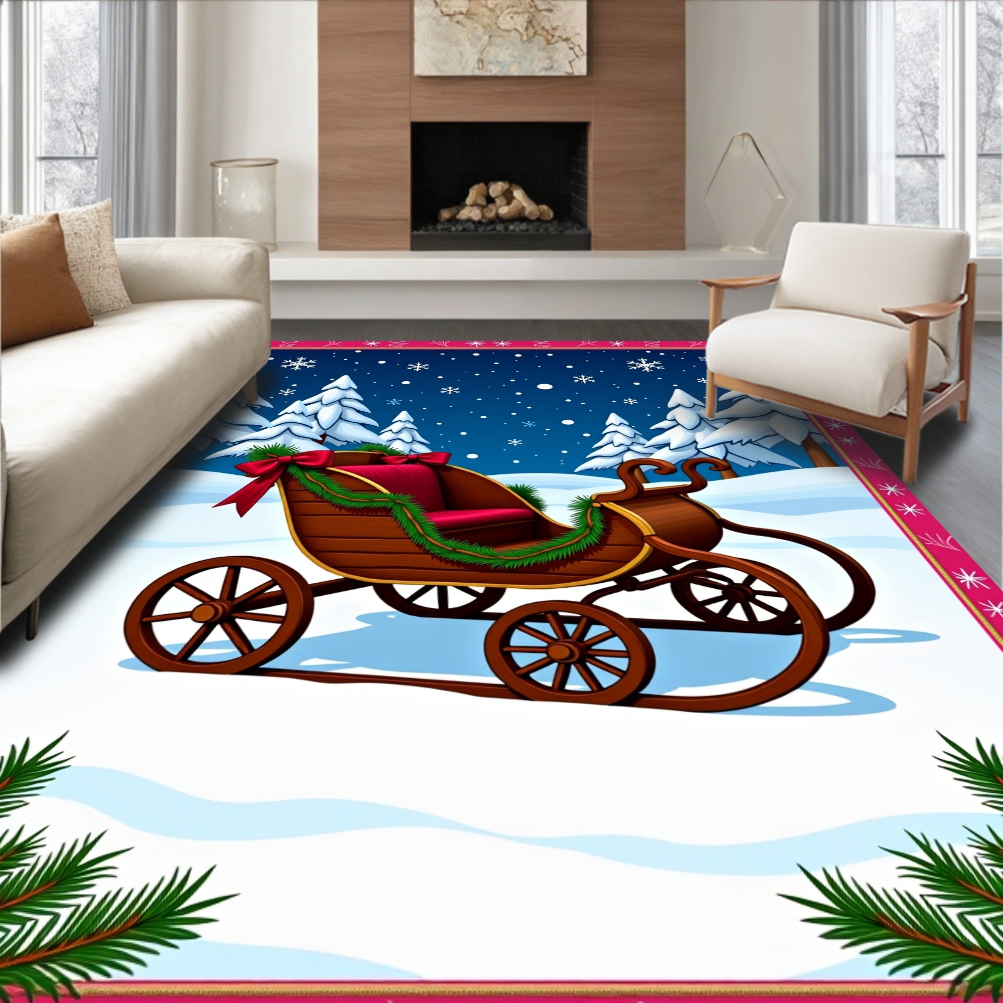 Rustic Sleigh Red Garland Snow Trees Rug