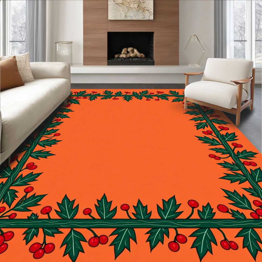 Festive Green Holly Berry Border Rug