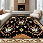 Golden Deer Head Black Medallion Rug