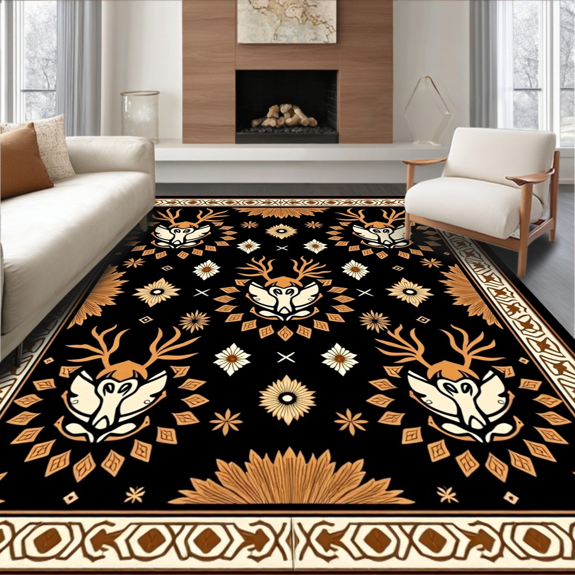 Golden Deer Head Black Medallion Rug