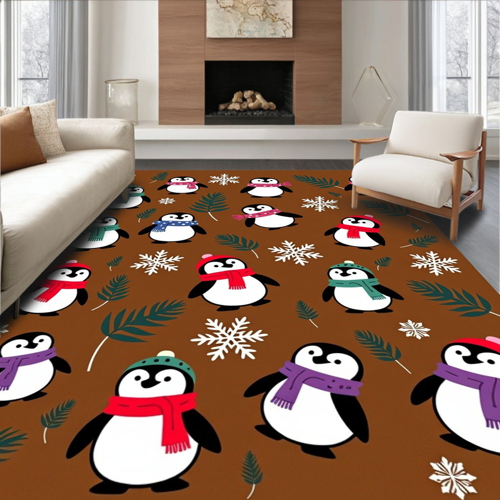 Charming Penguin Snowfall Brown Holiday Rug