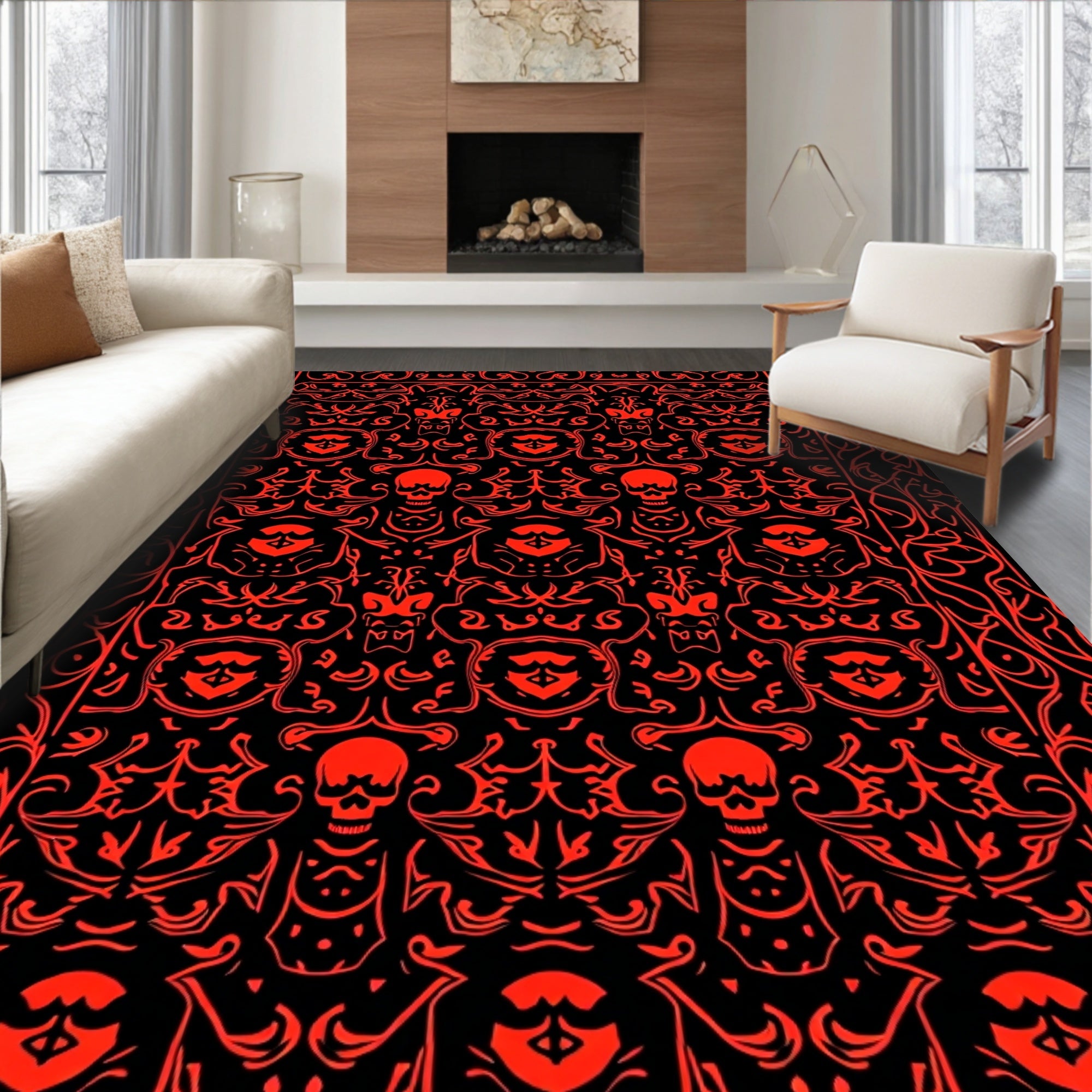 Bold Red Skull Floral Symmetry Rug
