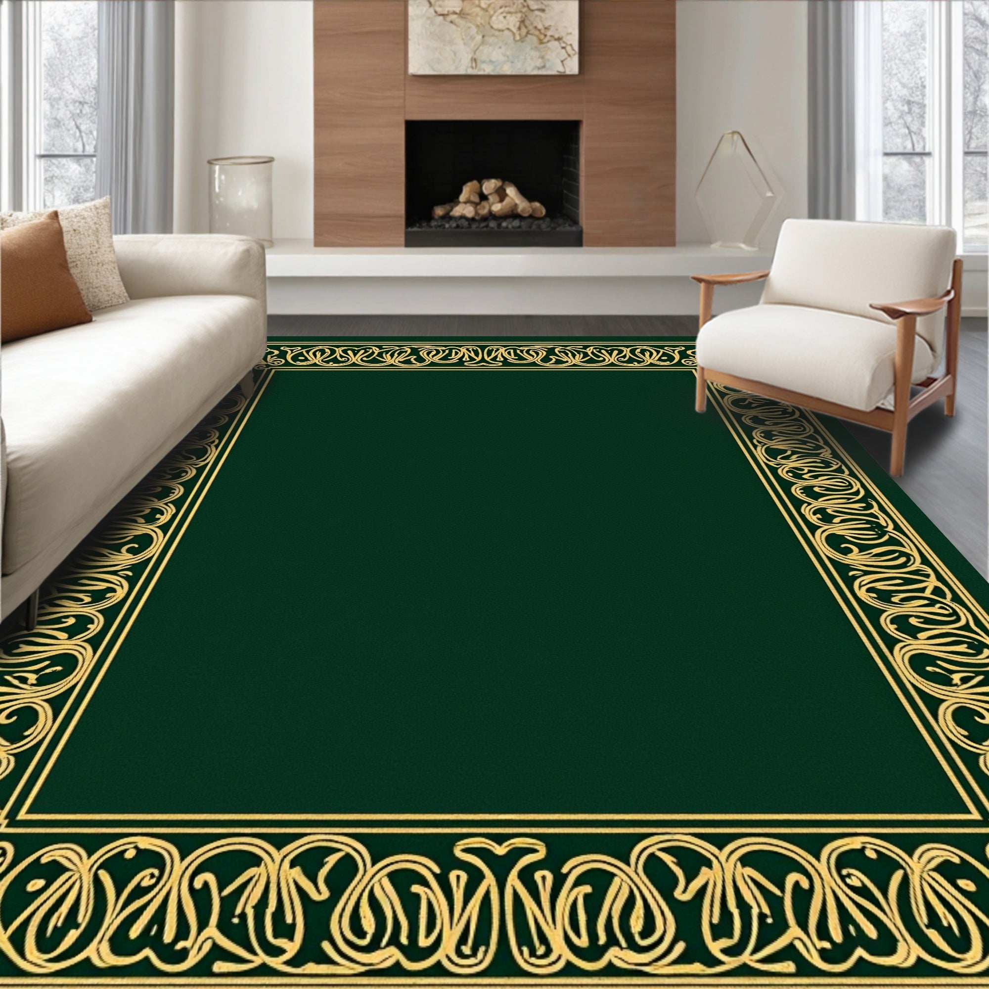 Emerald Golden Decorative Scroll Border Rug