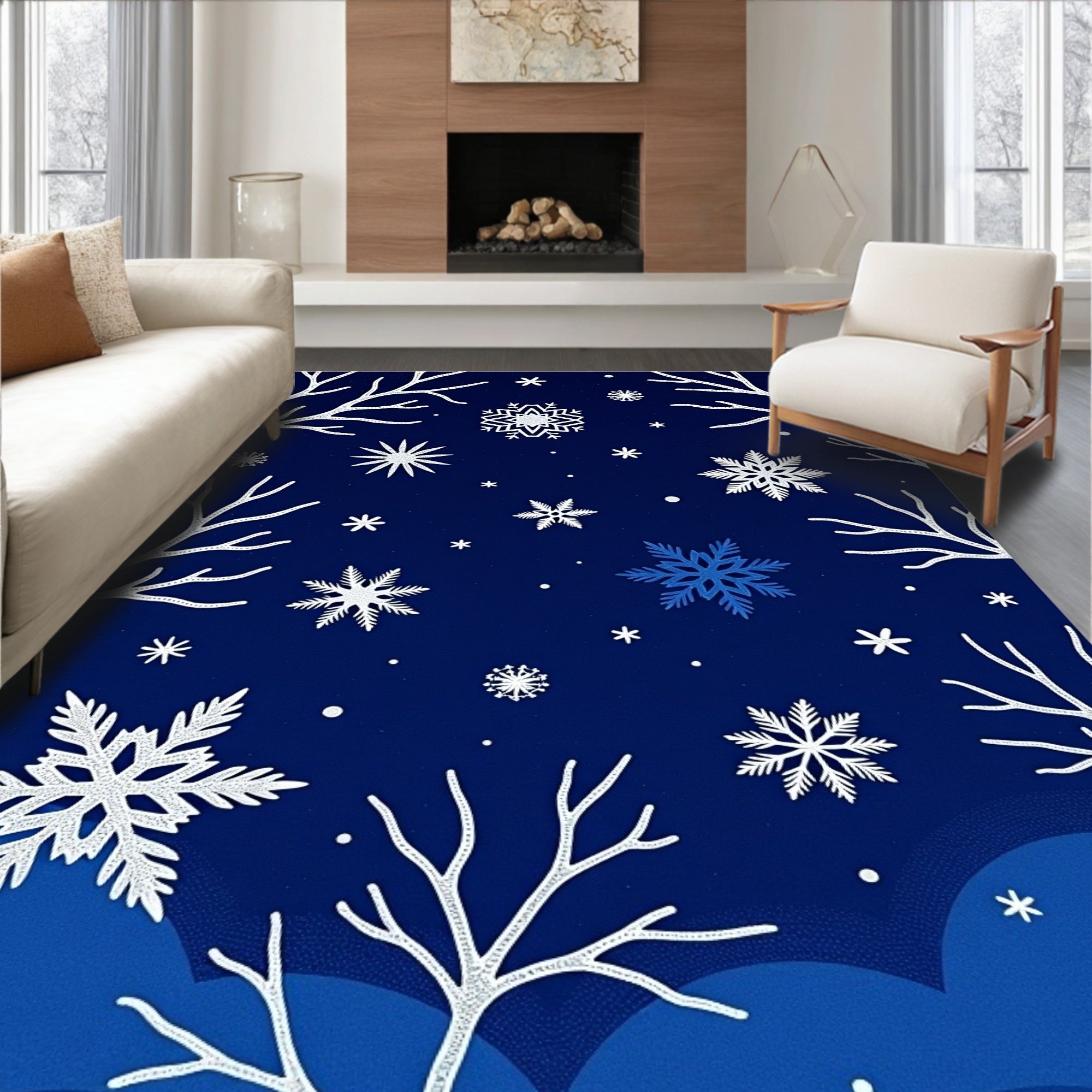 Deep Blue Winter Snowflake Tree Scene Rug