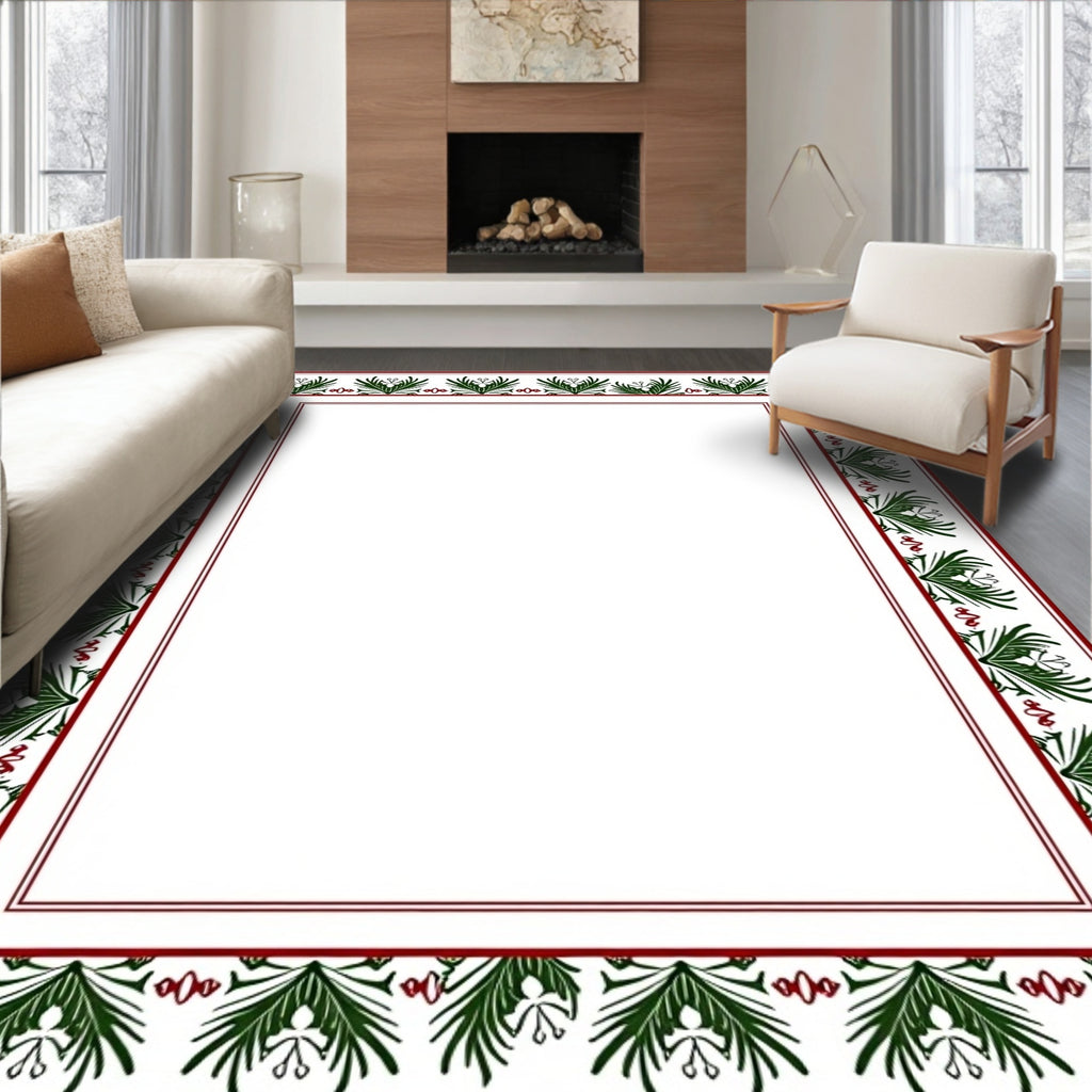 Dark Green Red Floral Border Rug