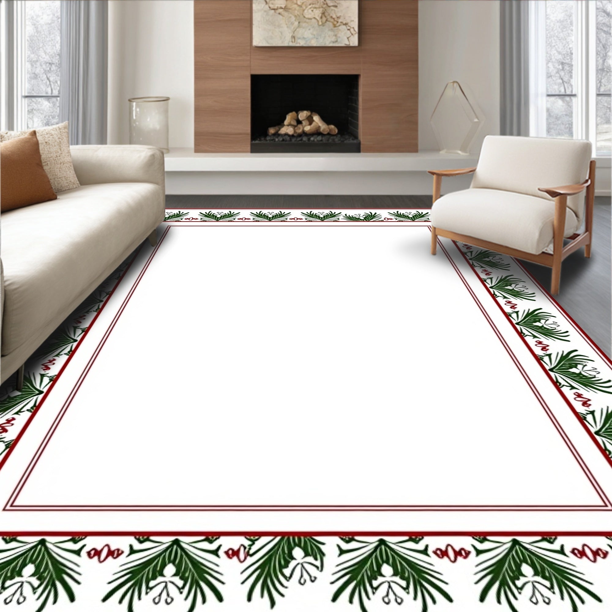 Dark Green Red Floral Border Rug