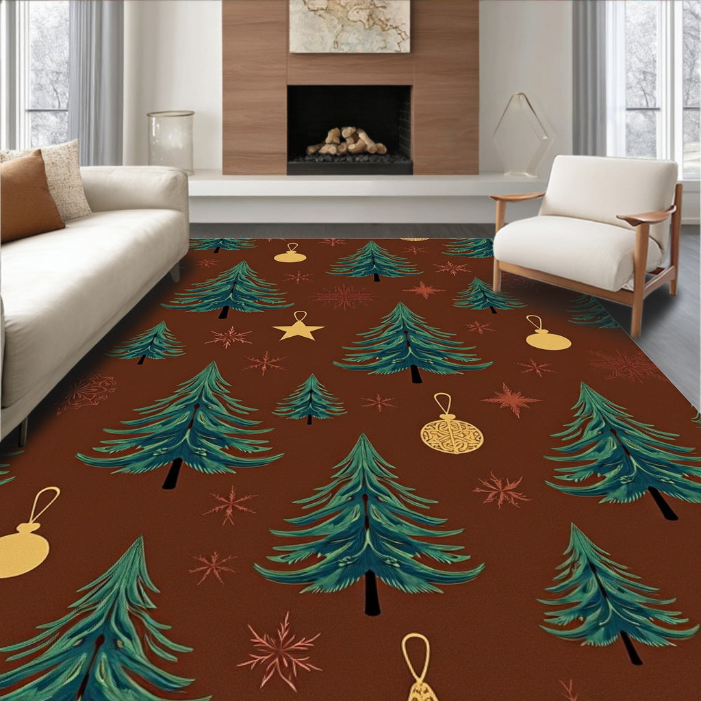 Festive Christmas Trees Ornaments and Snowflakes Rug