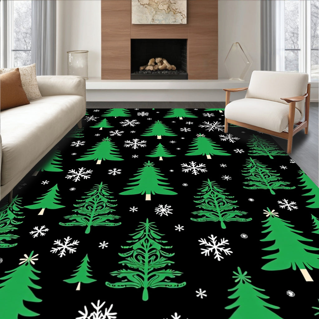 Green Christmas Trees White Snowflakes Black Rug