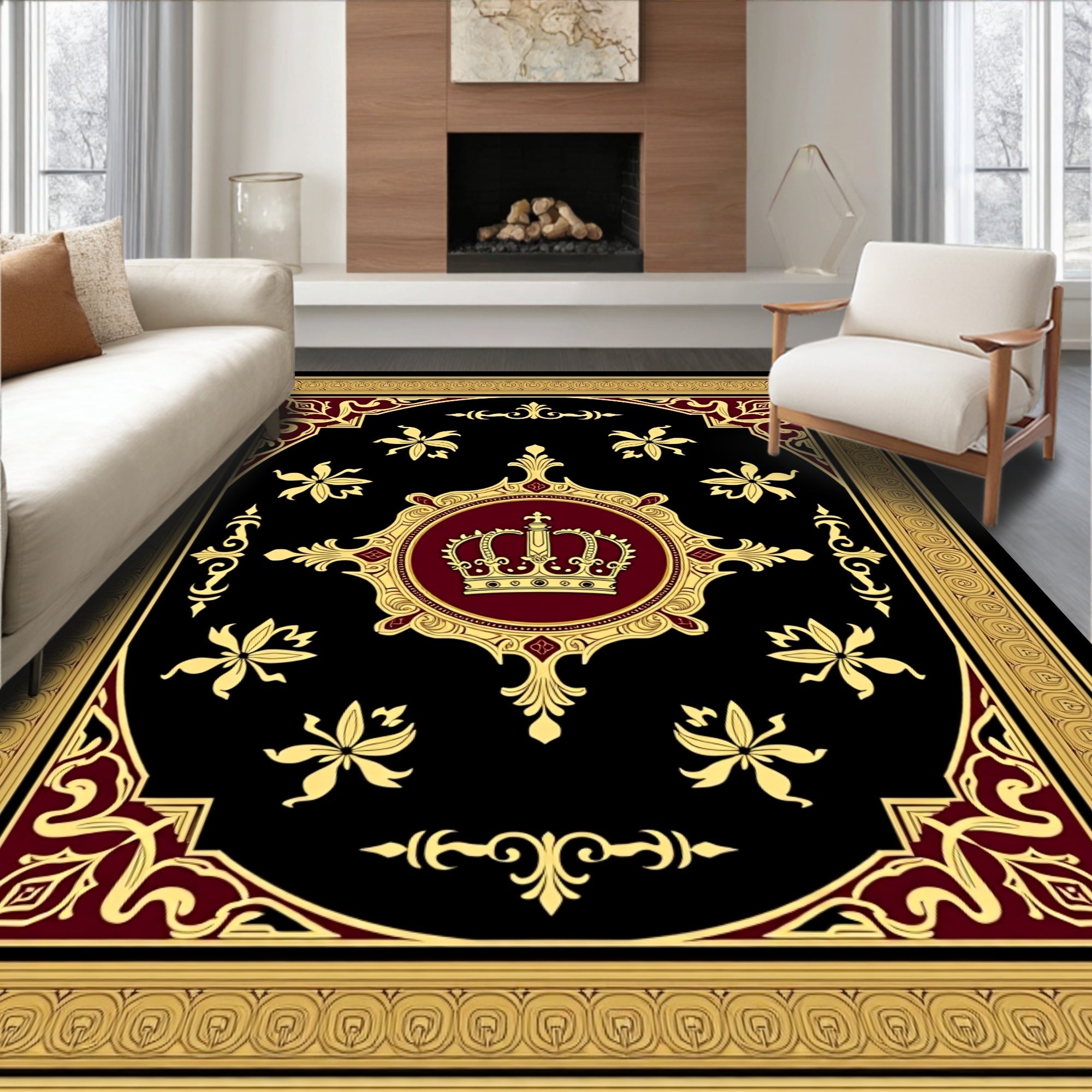 Regal Gold Crown Black Burgundy Rug